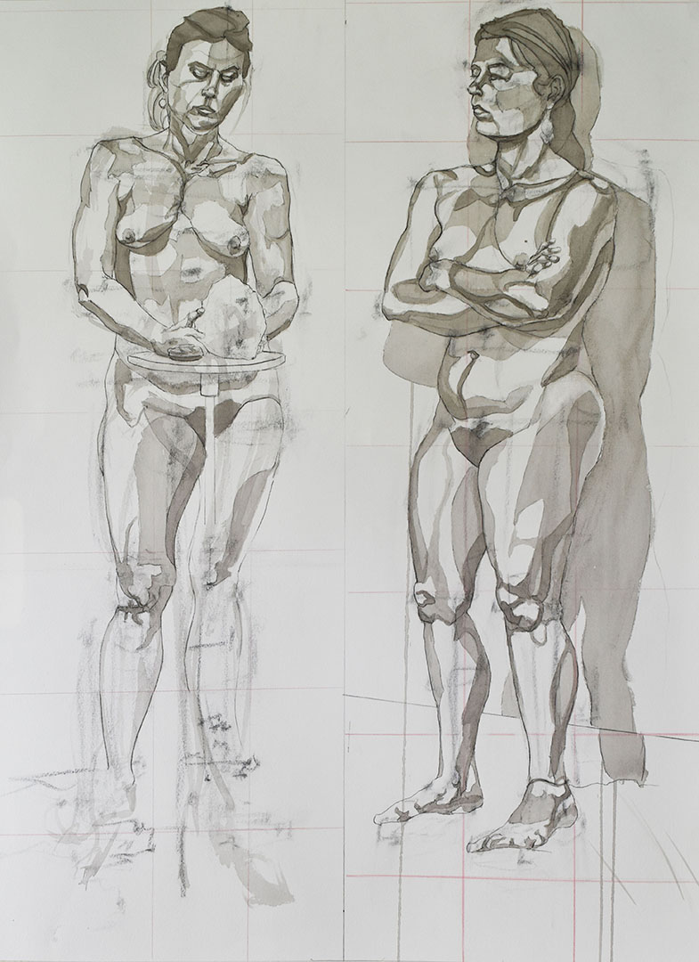 Two figure drawings of the same model side-by-side in different poses, rendered in charcoal contour lines and ink wash value blocks.