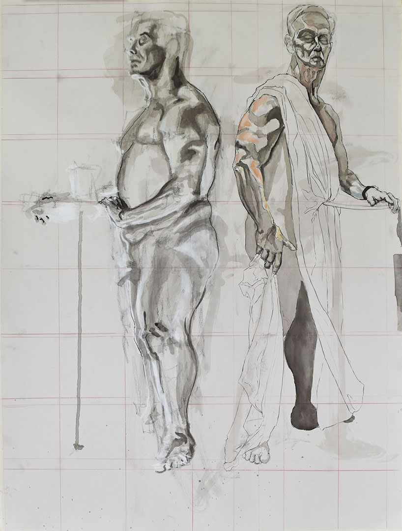 Two views of the same male nude model stand side-by-side on the same sheet of paper. In both poses, he is interacting with a podium.