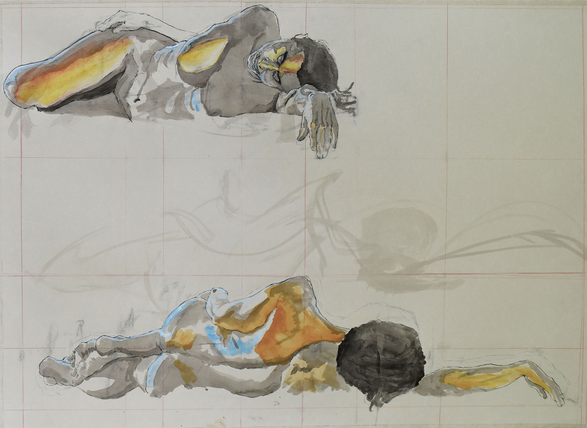 Two figure drawings showing two views of a reclining woman, from back and front. Charcoal contour line drawing, ink wash value blocking, and vibrant gouache colors attempt to flesh out her form.