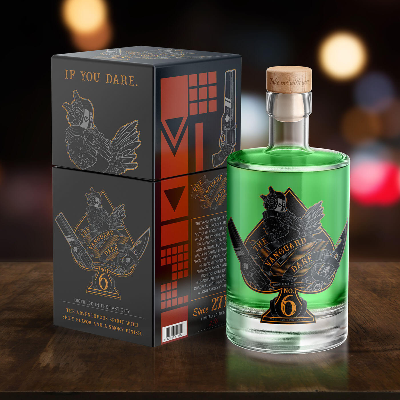 Green variant of "The Vanguard Dare" whiskey packaging design, to match the "Last Call" teaser trailer.