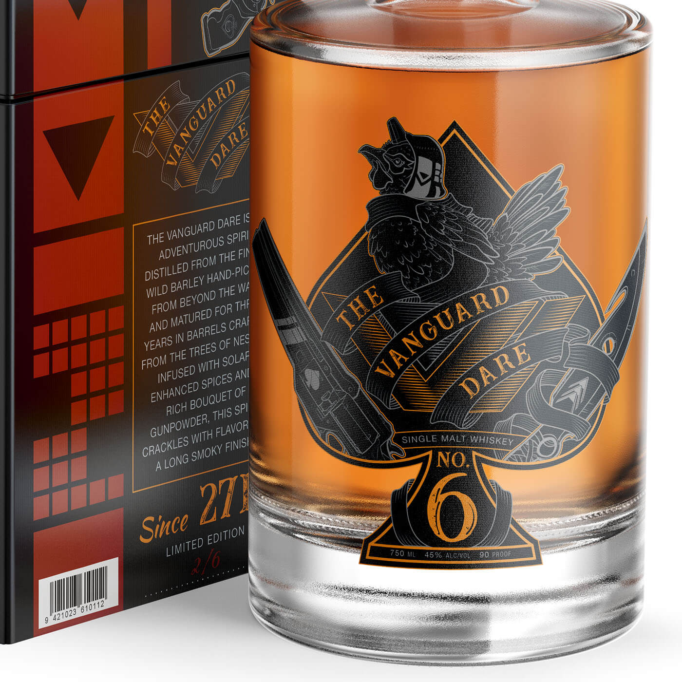 Close-up detail of "The Vanguard Dare" whiskey packaging project.