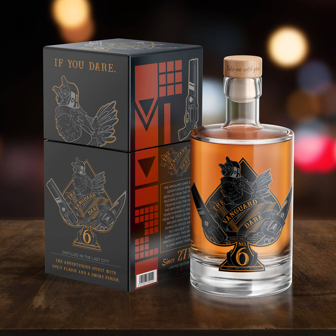 "The Vanguard Dare," a whiskey packaging design project inspired by Destiny 2.