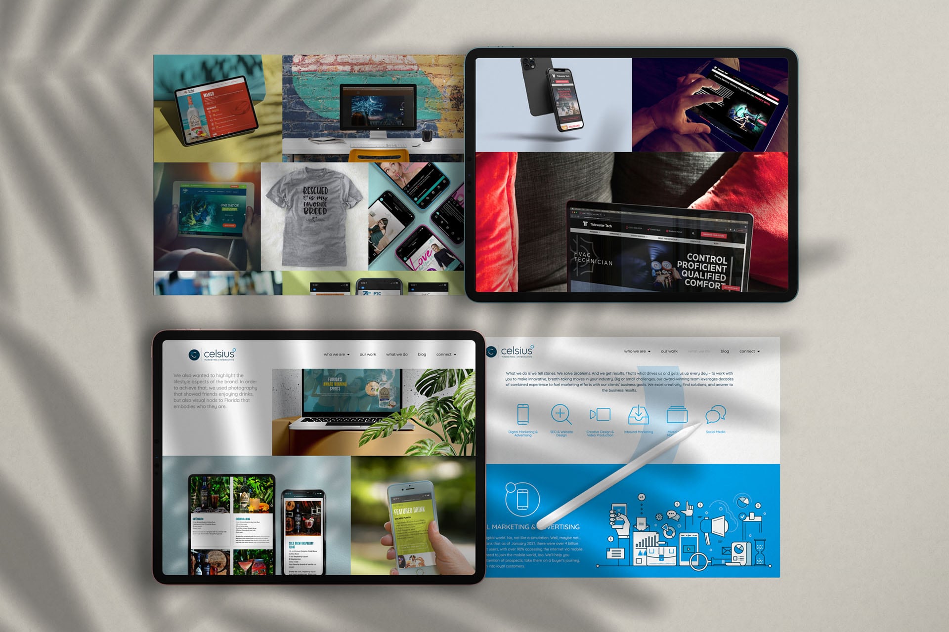 Various portfolio and service page sections of the Celsius Marketing | Interactive website featured on device screens.