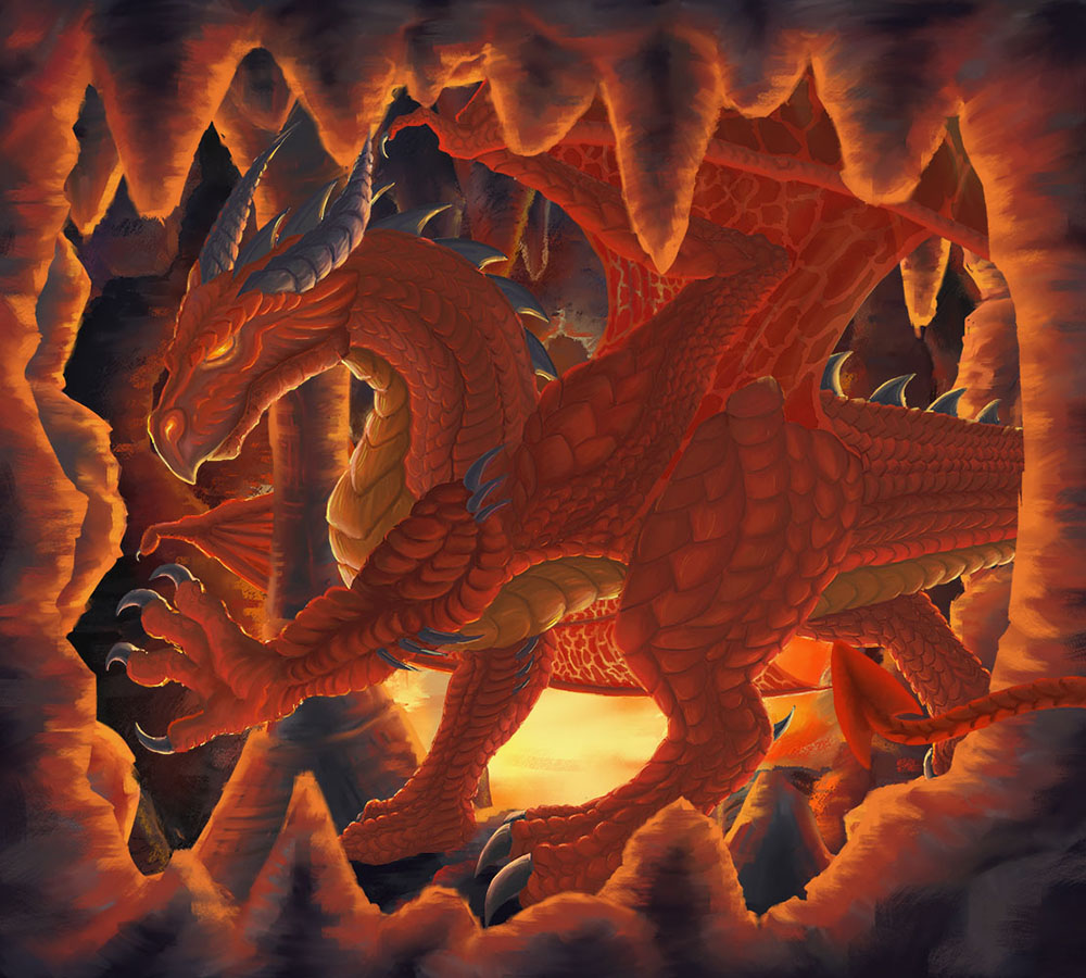 Digital illustration of the Volcano Dragon scene from the "Mythical Beasts and Where to Find Them" star book. A scaly red dragon creeps through the stalagmites of a dark cave, back-lit by glowing pools of molten lava.