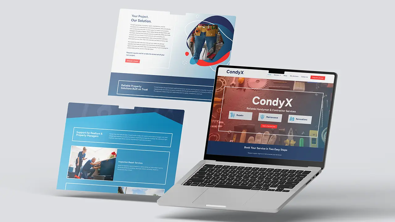 CondyX website displayed on a laptop with additional floating screens beside it.