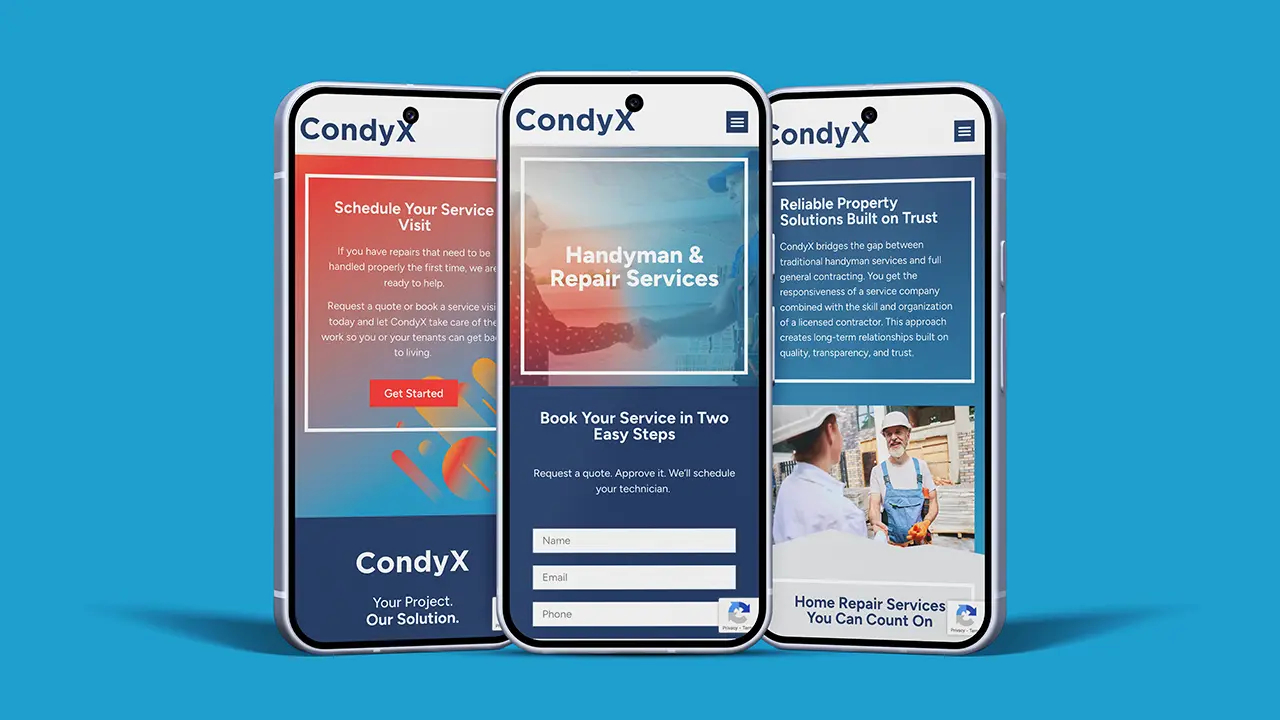 CondyX website displayed on three mobile phones on a blue background.