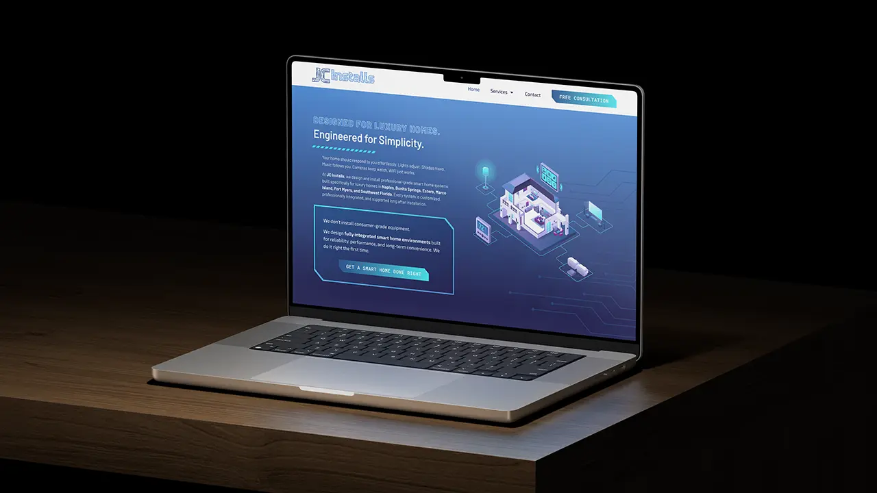 JC Installs website design displayed on a laptop, displaying the homepage intro section.