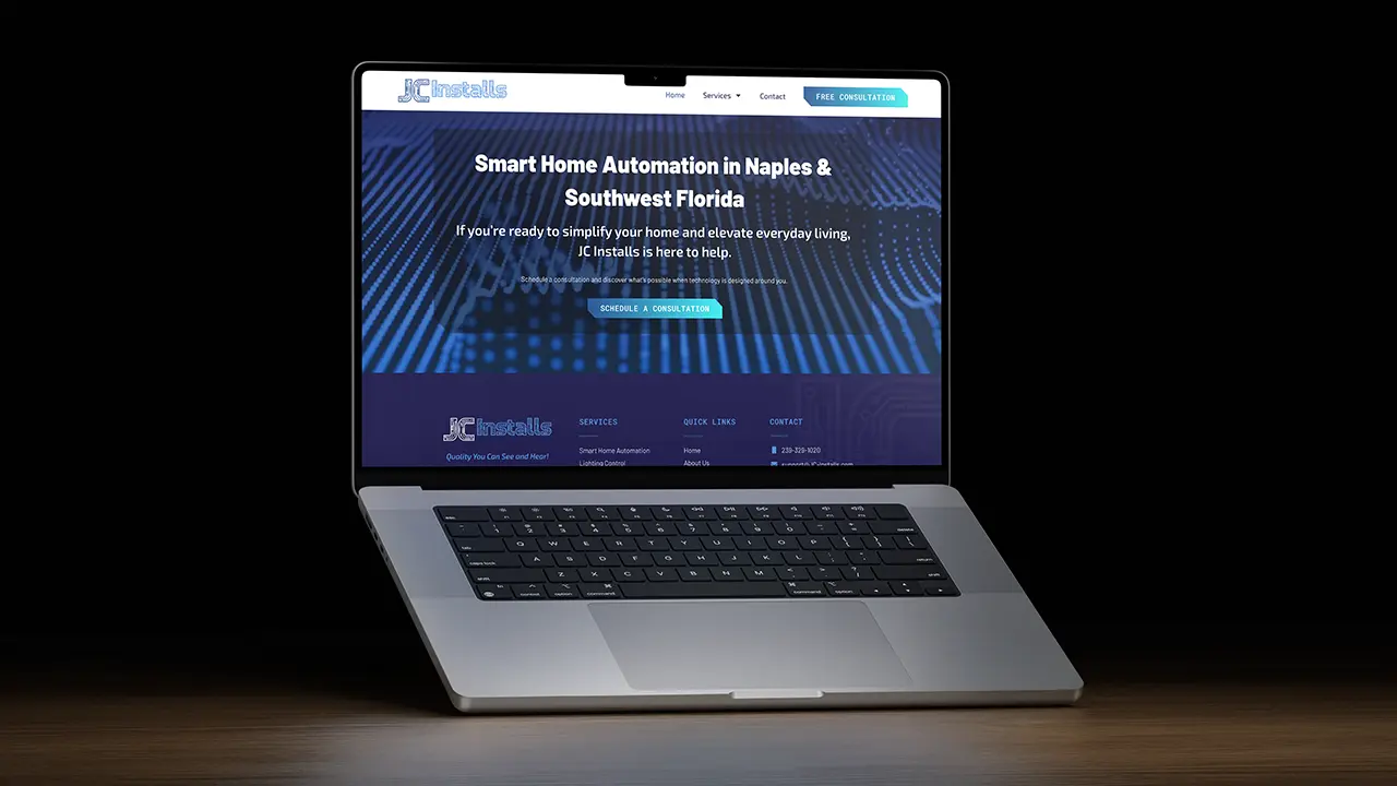 JC Installs website design displayed on a laptop, displaying the call-to-action section.