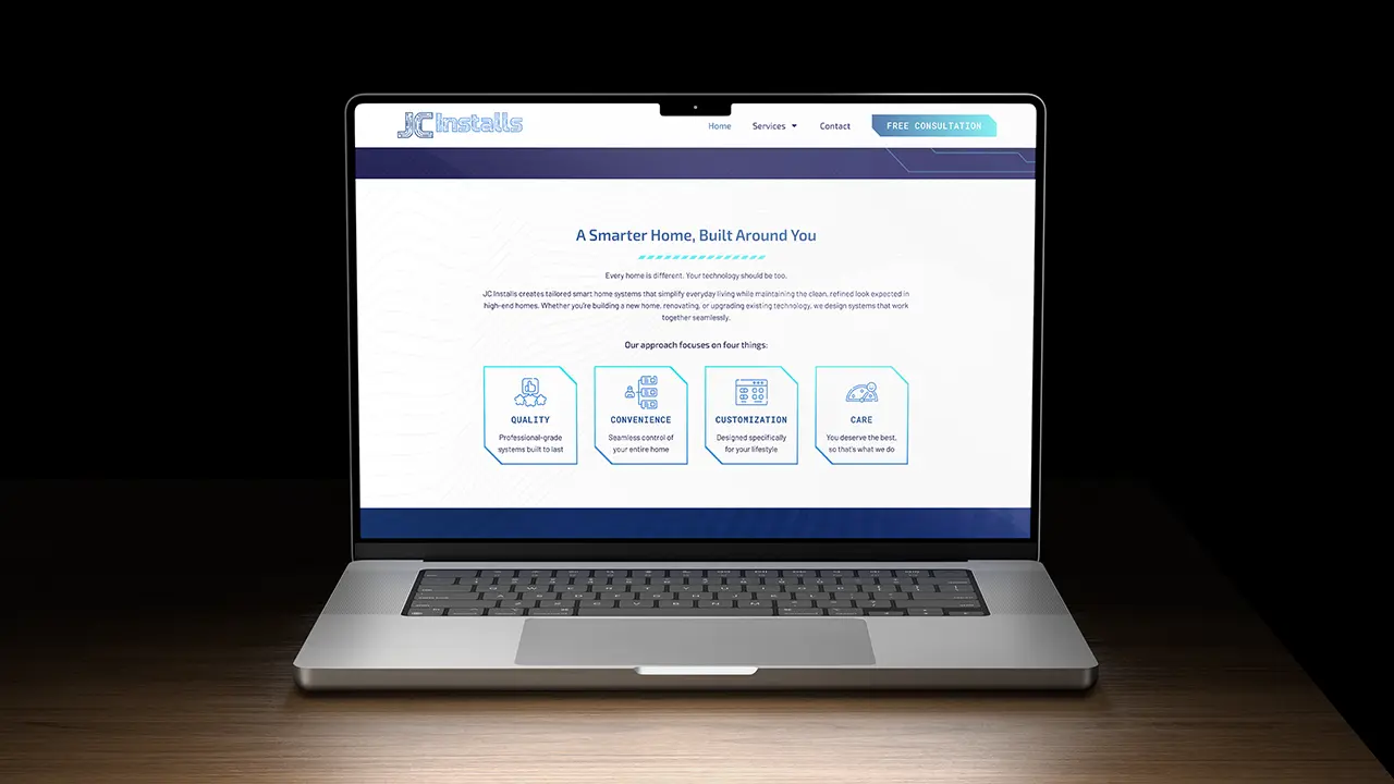 JC Installs website design displayed on a laptop, displaying the brand pillars section.