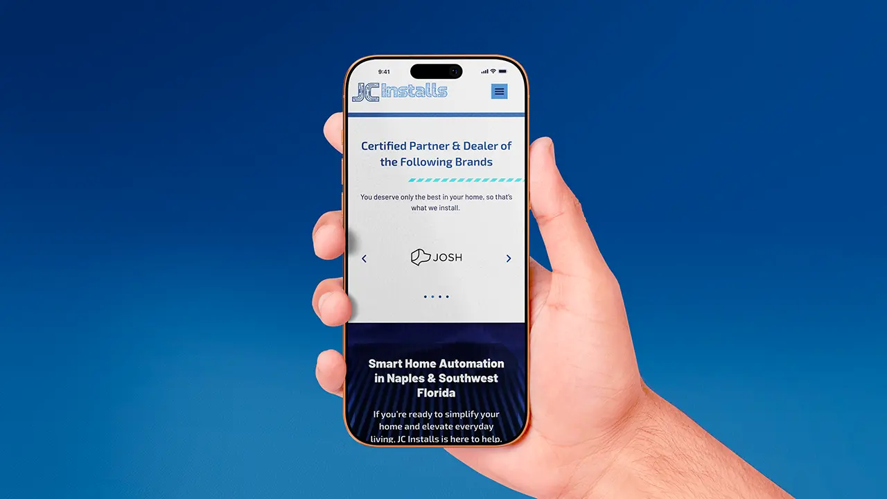 JC Installs website design displayed on a mobile phone, displaying the brand partners section.