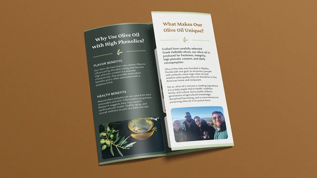 Olive of the Isles trifold pamphlet design, displaying the first open flap.