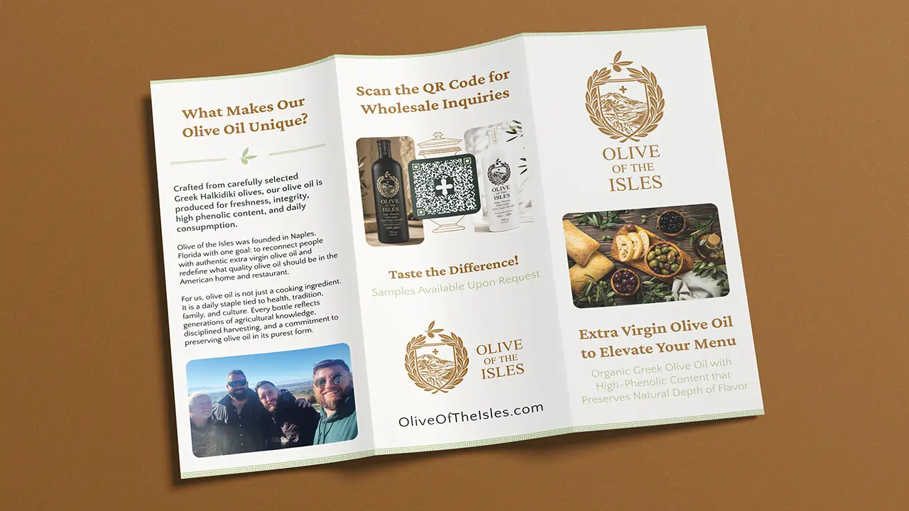 Olive of the Isles trifold pamphlet design, displaying the exterior unfolded.