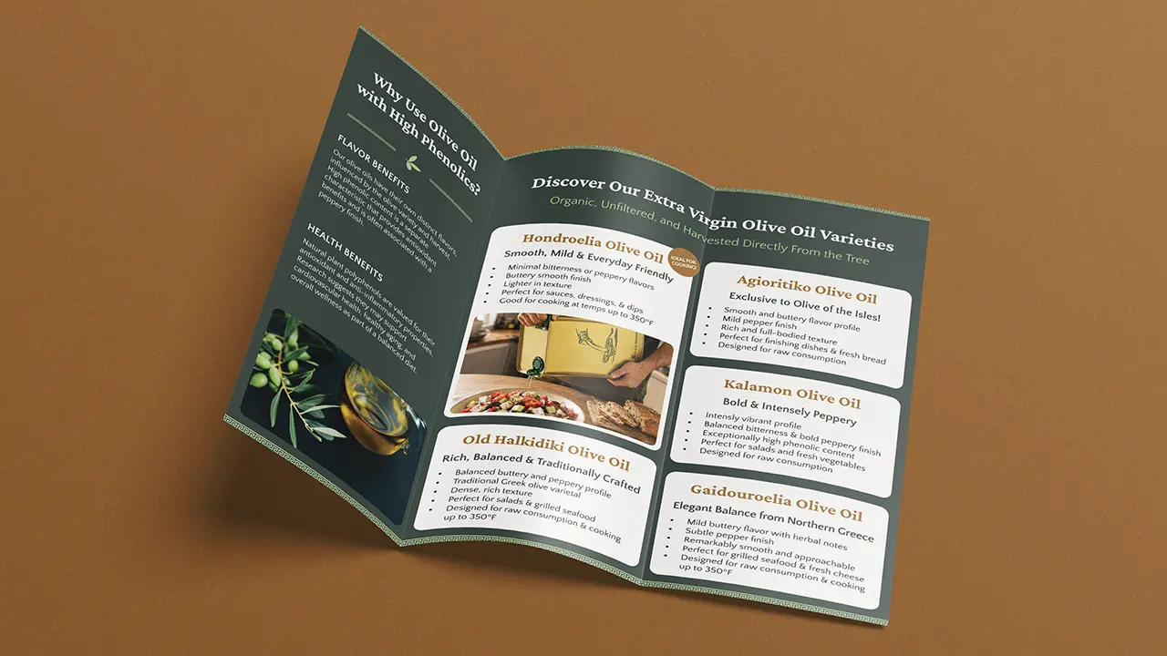 Olive of the Isles trifold pamphlet design, displaying the interior unfolded.
