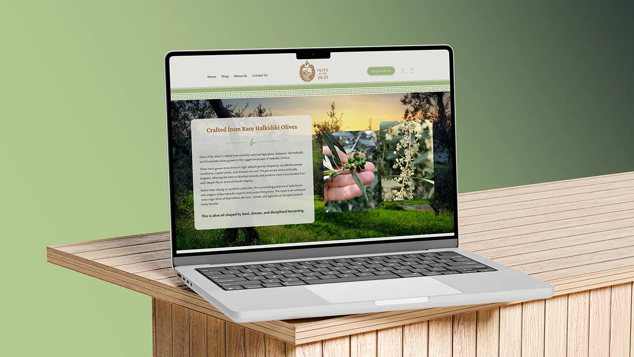 Olive of the Isles website displayed on a laptop, featuring the homepage about section.