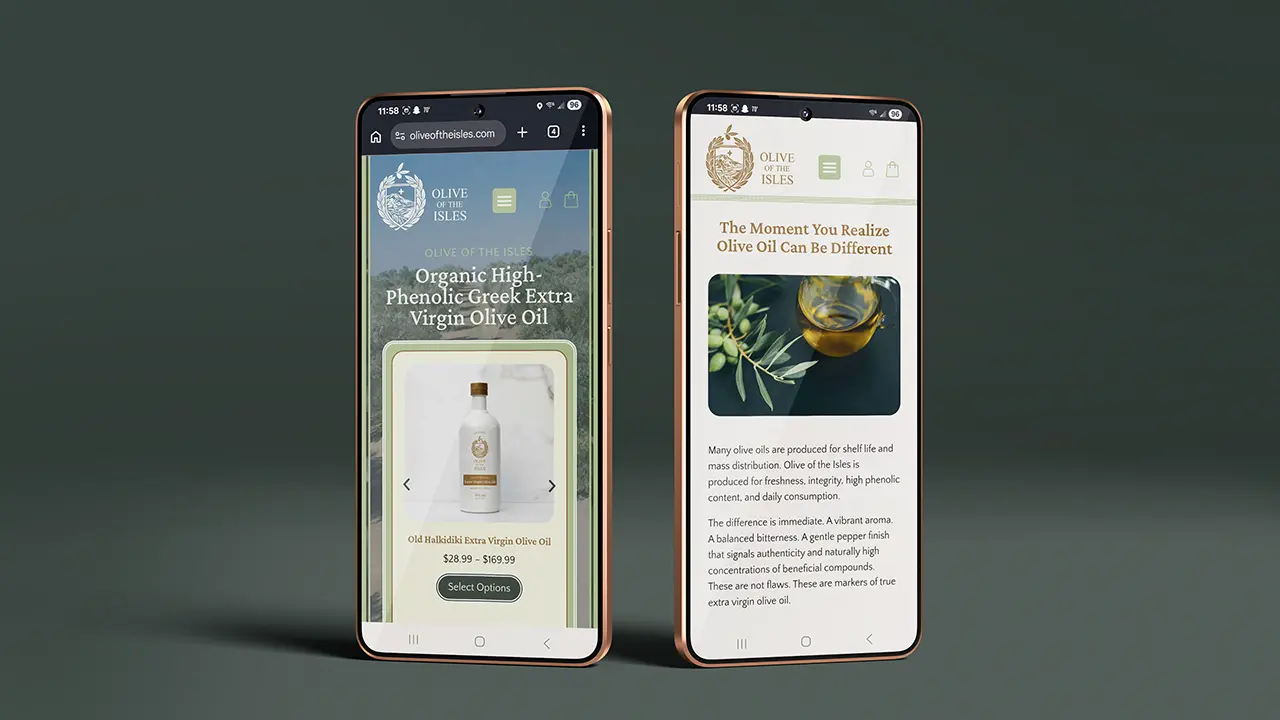 Olive of the Isles website displayed on two smartphones, displaying different parts of the homepage.