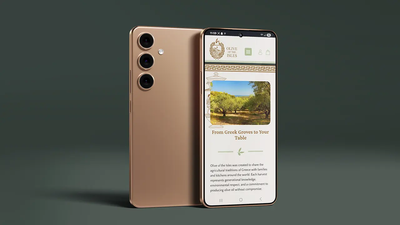Olive of the Isles website displayed on a smartphone, featuring the homepage call-to-action section.