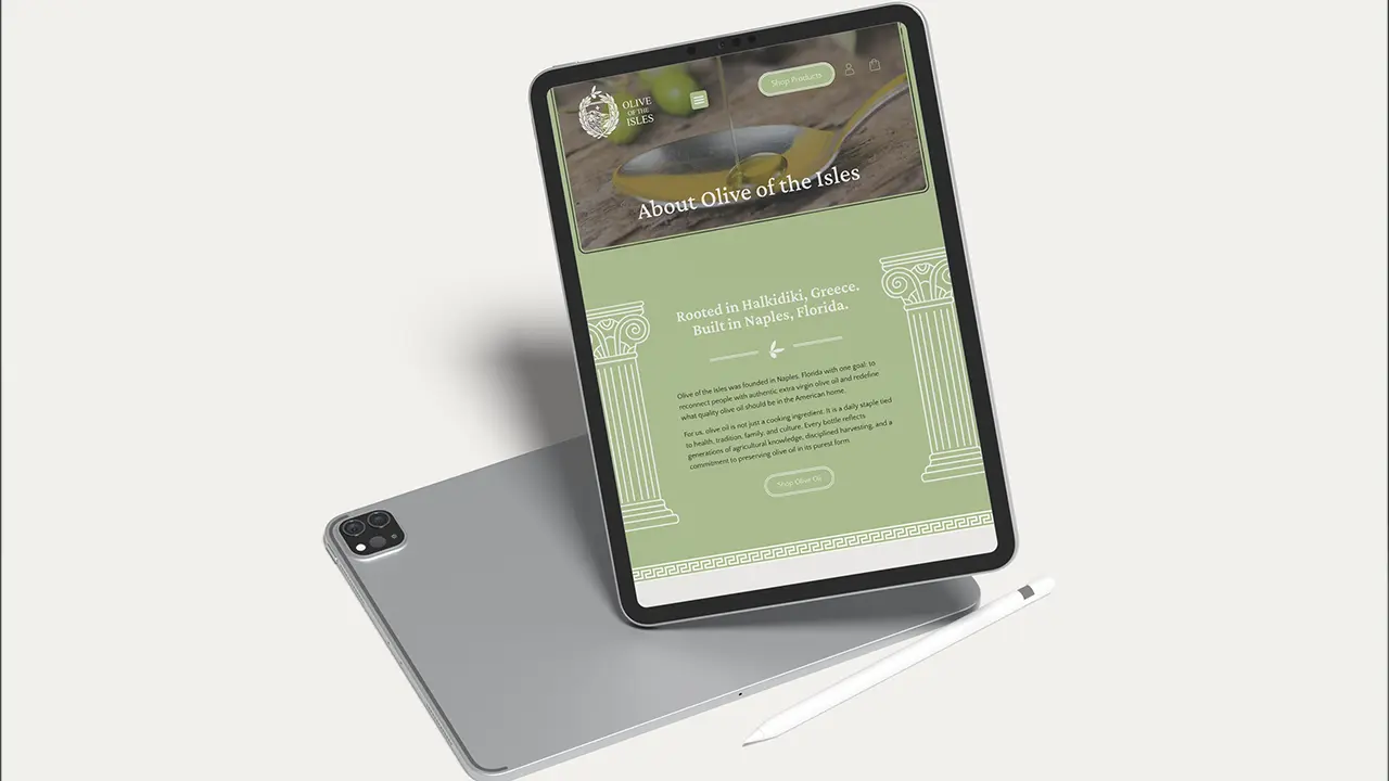 Olive of the Isles website displayed on a tablet, featuring the about page.