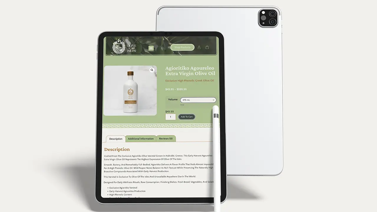 Olive of the Isles website displayed on a tablet, featuring the product page.