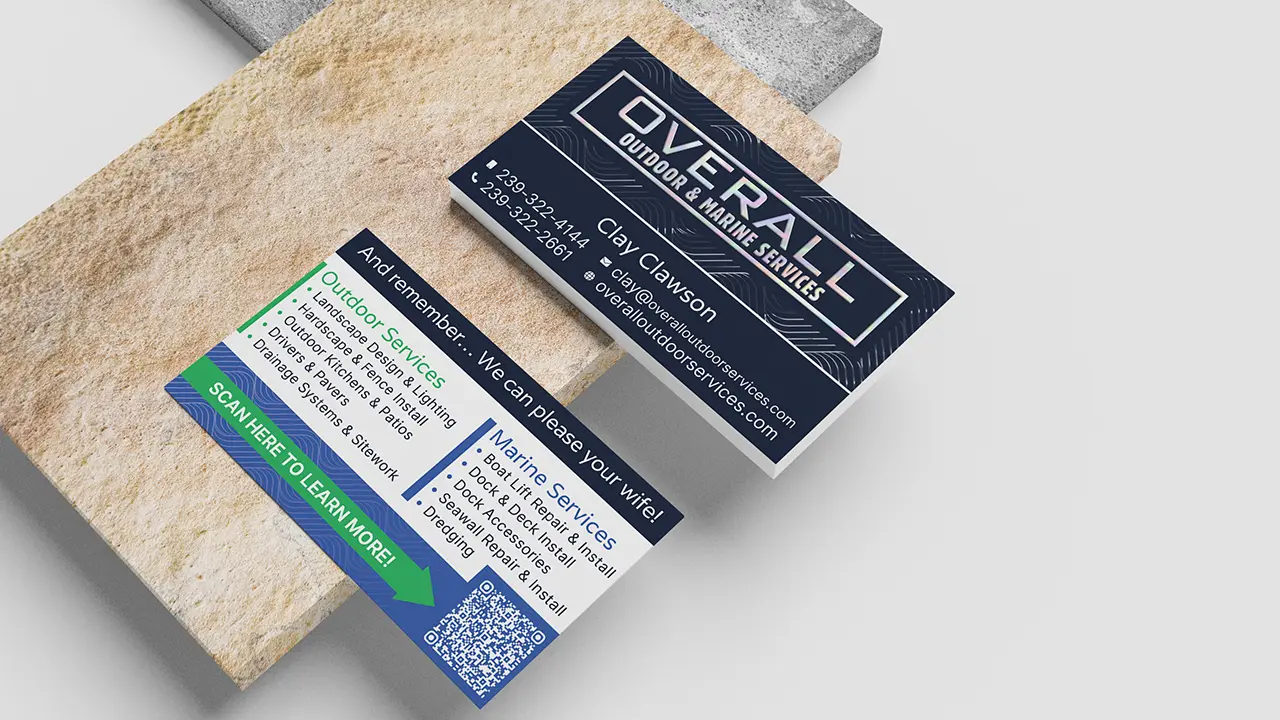 Overall Outdoor & Marine Services business cards.