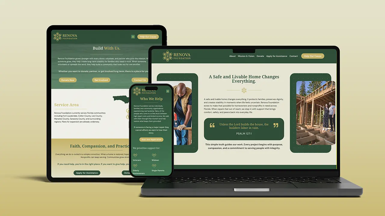 Renova Foundation website displayed on a laptop, tablet, and smartphone.