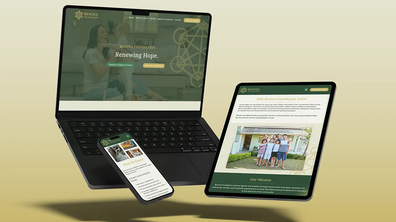Renova Foundation website displayed on a laptop, tablet, and smartphone.