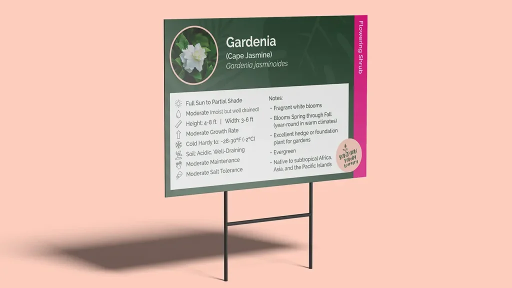 Plant care sign design for a Gardenia with Sanjuan Family Nursery branding.