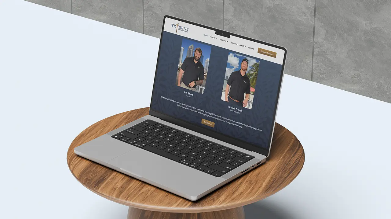 Trident Contracting Service website displayed on a laptop, featuring the homepage about section.