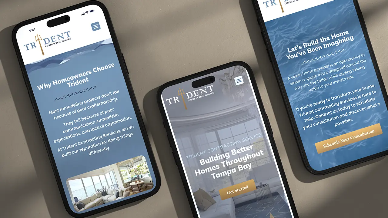 Trident Contracting Service website displayed on three smartphones.