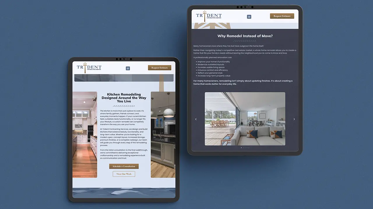 Trident Contracting Service website displayed on two tablets.