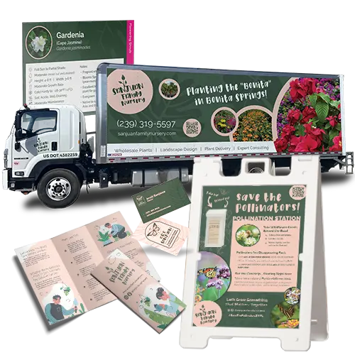 Print design service cluster, featuring print work for Sanjuan Family Nursery including a box truck wrap, signage, business cards, and brochures.