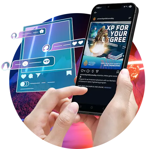 Social media service cluster graphic, featuring a post from the University of Silicon Valley in a smartphone in someone's hands.