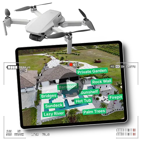Video production service cluster graphic, featuring an Overall Outdoor & Marine Services video with aerial footage and motion graphics on a tablet alongside a drone and camera UI elements.